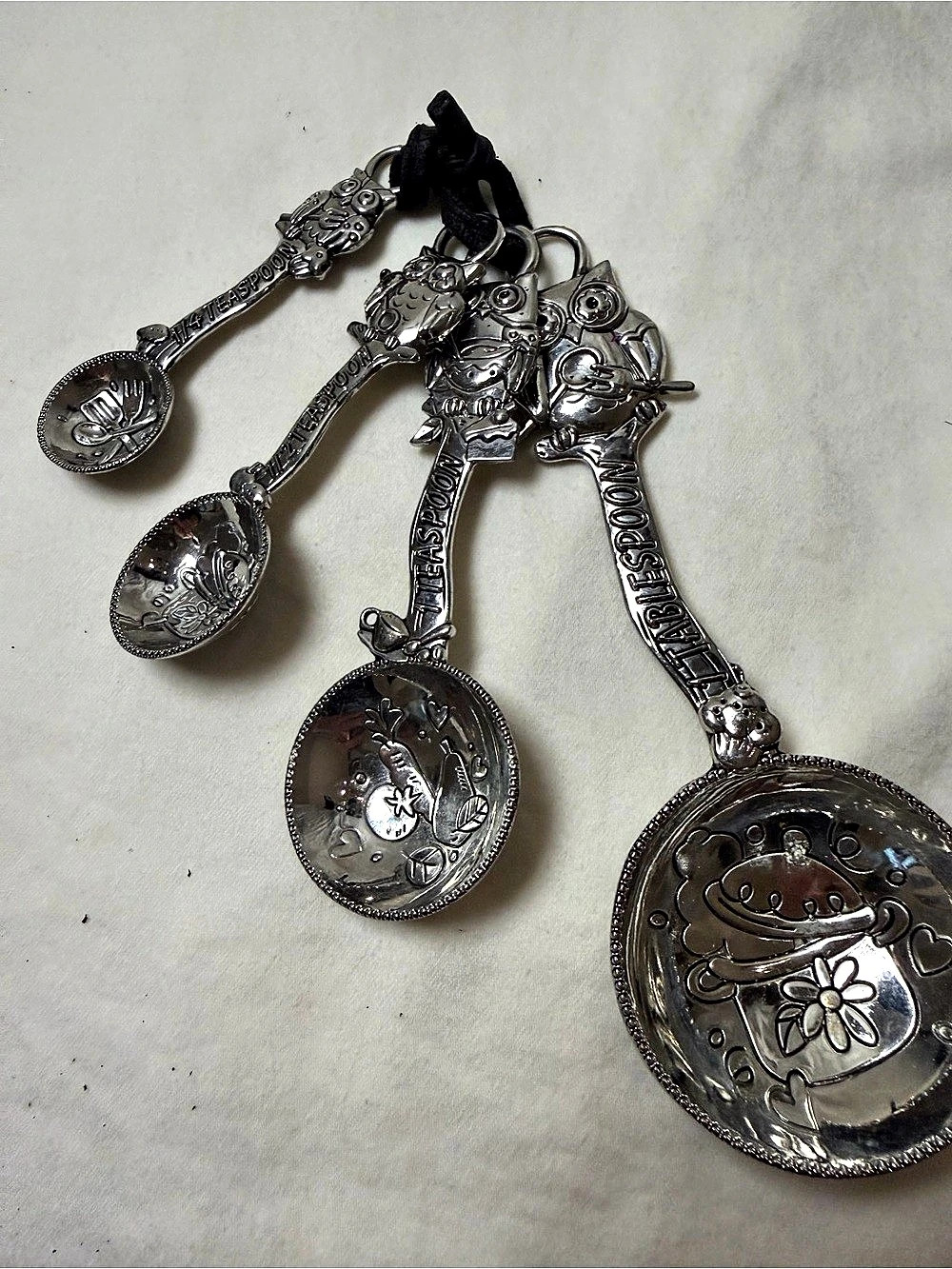 Vintage Ganz Pewter-Tone Owl Measuring Spoons Set of 4 - Woodland Kitchen Decor